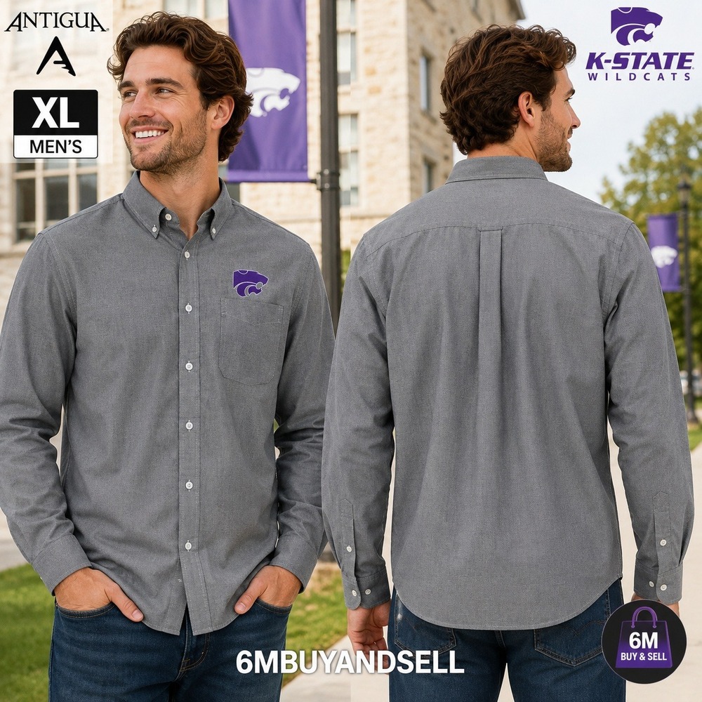 Antigua Mens XL Kansas State Wildcats Button Down Shirt Grey Longโ Sleeve 100690